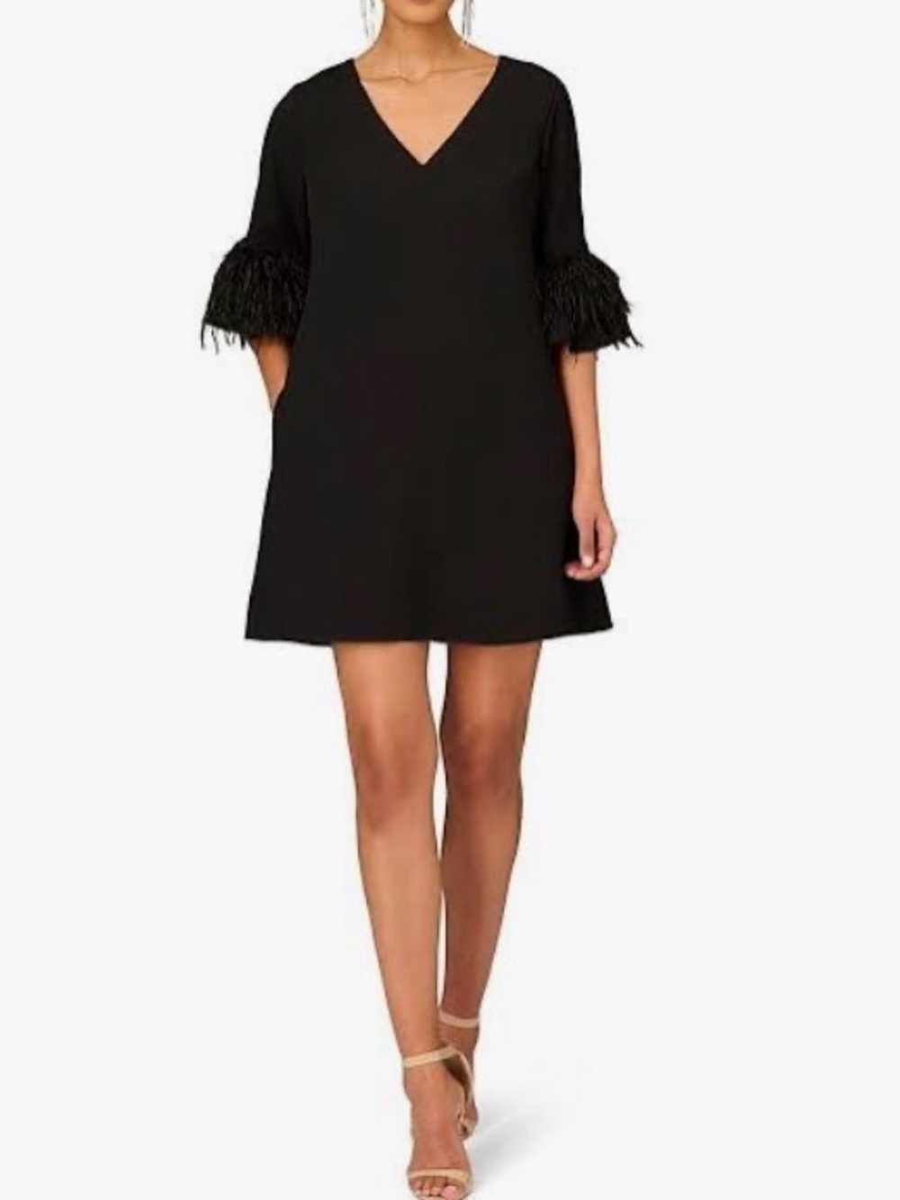 Aidan Matrix Black V-Neck Shift Dress with Feather Cuffs